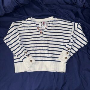 XO Keri Striped V-Neck Sweater in White and Navy